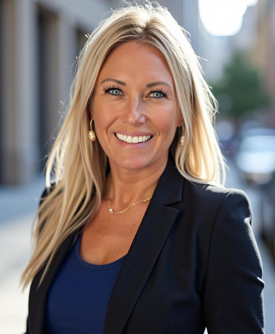 Smiling blonde woman in a navy blazer, wearing gold earrings and a necklace.