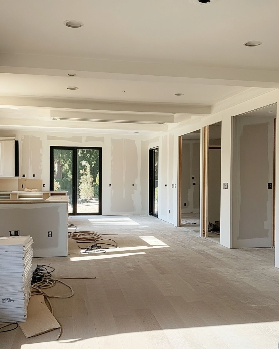 Open-plan interior under construction, with a kitchen peninsula, tiled floors, and glass doors to greenery.