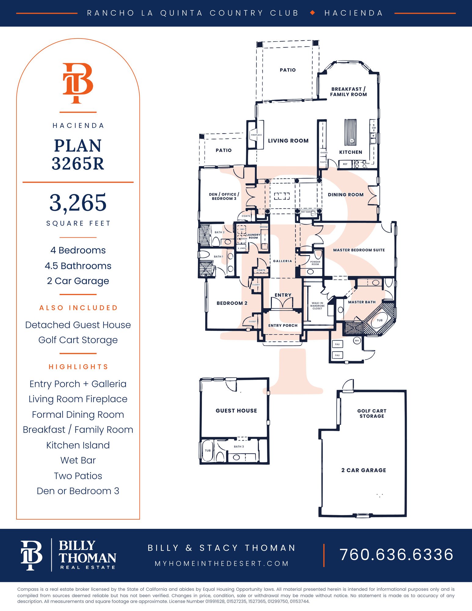Rancho La Quinta Country Club Hacienda 3265R floor plan, 4 bedroom 4.5 bath 3,265 sq ft single story home with detached guest house