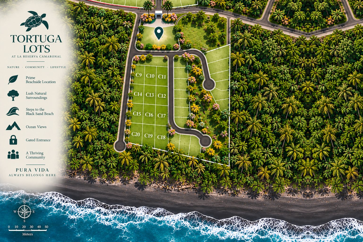 Tortuga Lots site plan showing numbered parcels amid rainforest beside a beach.