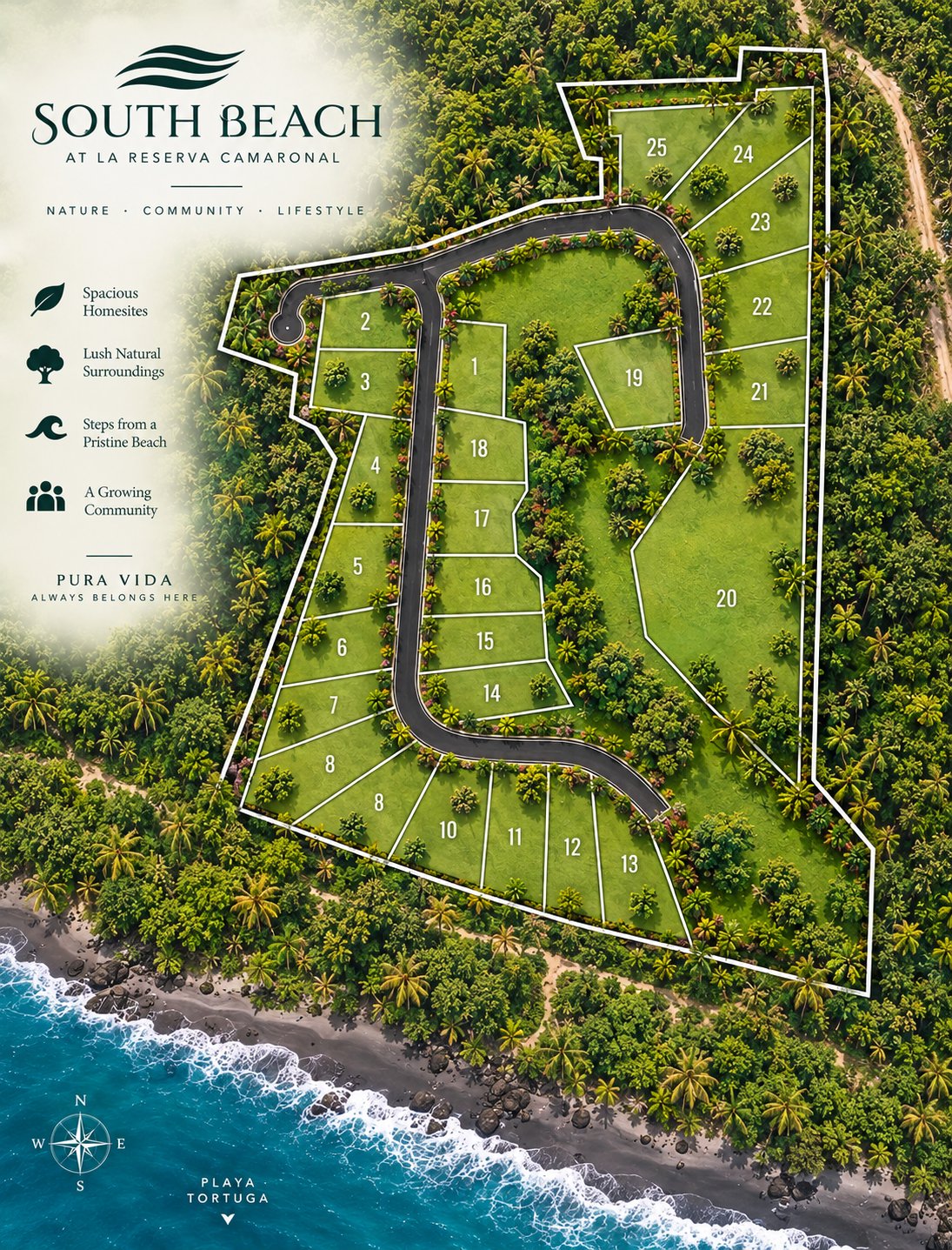 South Beach at La Reserva Camaronal site plan with numbered lots, roads, tropical forest, and Playa Tortuga coastline.