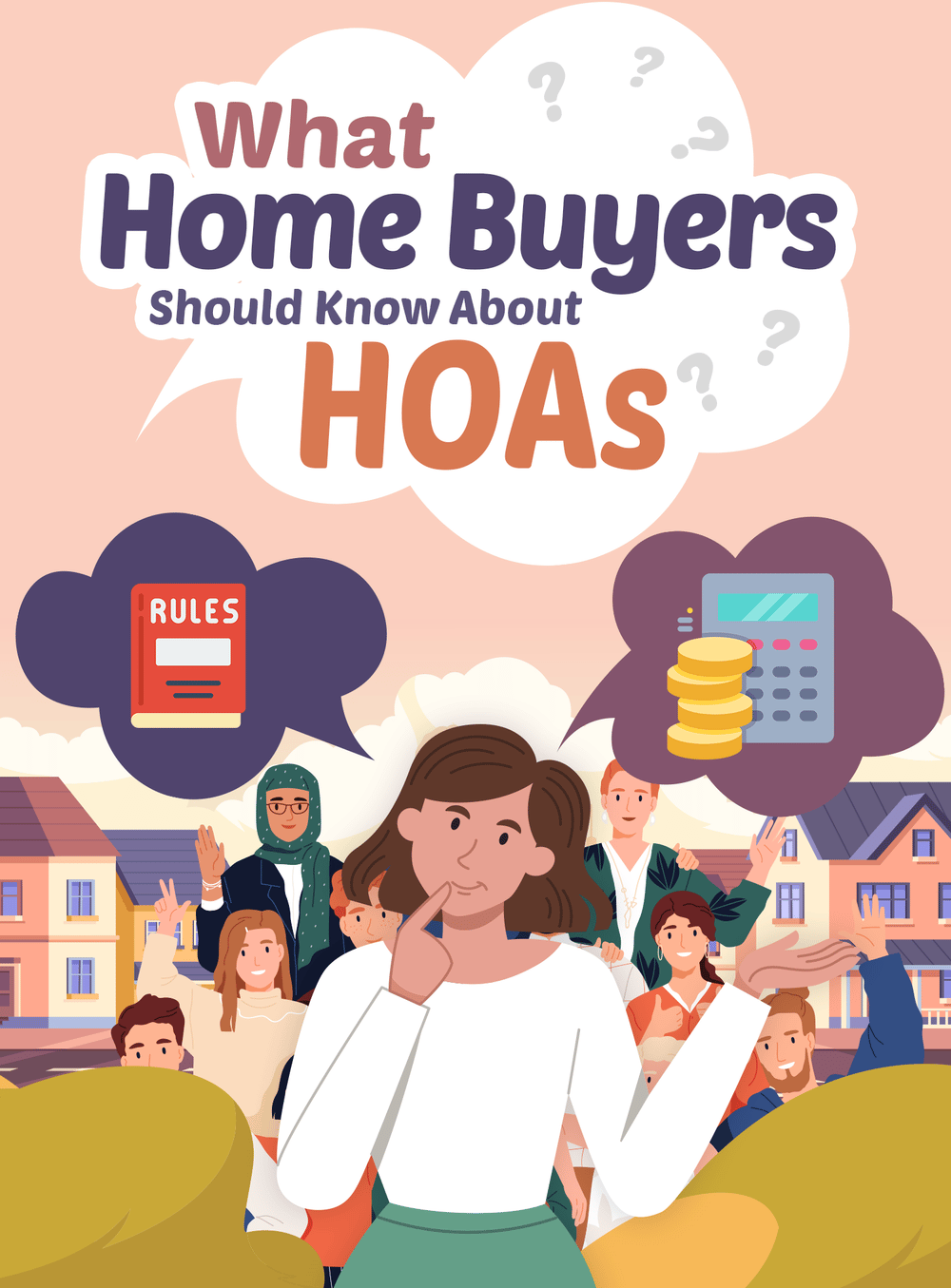 Illustration about HOA rules for home buyers, with neighbors, homes, a rules book, and a calculator with coins.