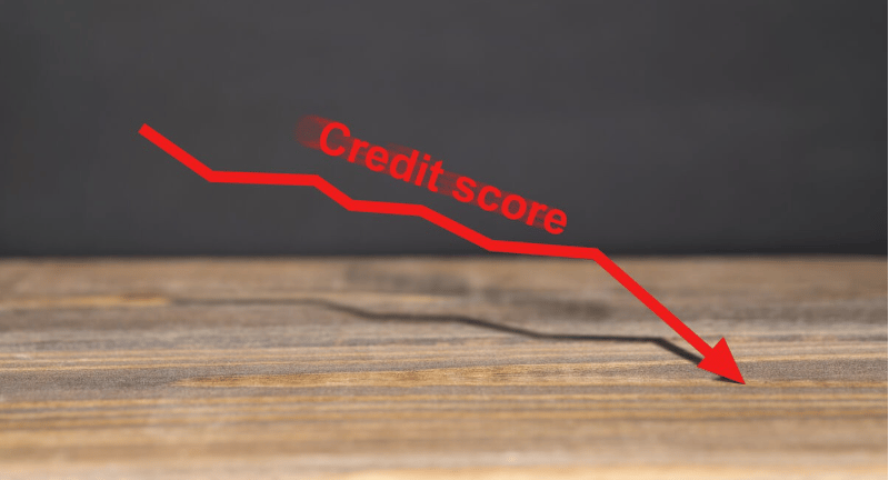 Credit score shown by a red line sloping downward to an arrow.