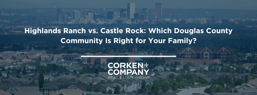 Highlands Ranch vs. Castle Rock community comparison banner over suburban rooftops and the Denver skyline.