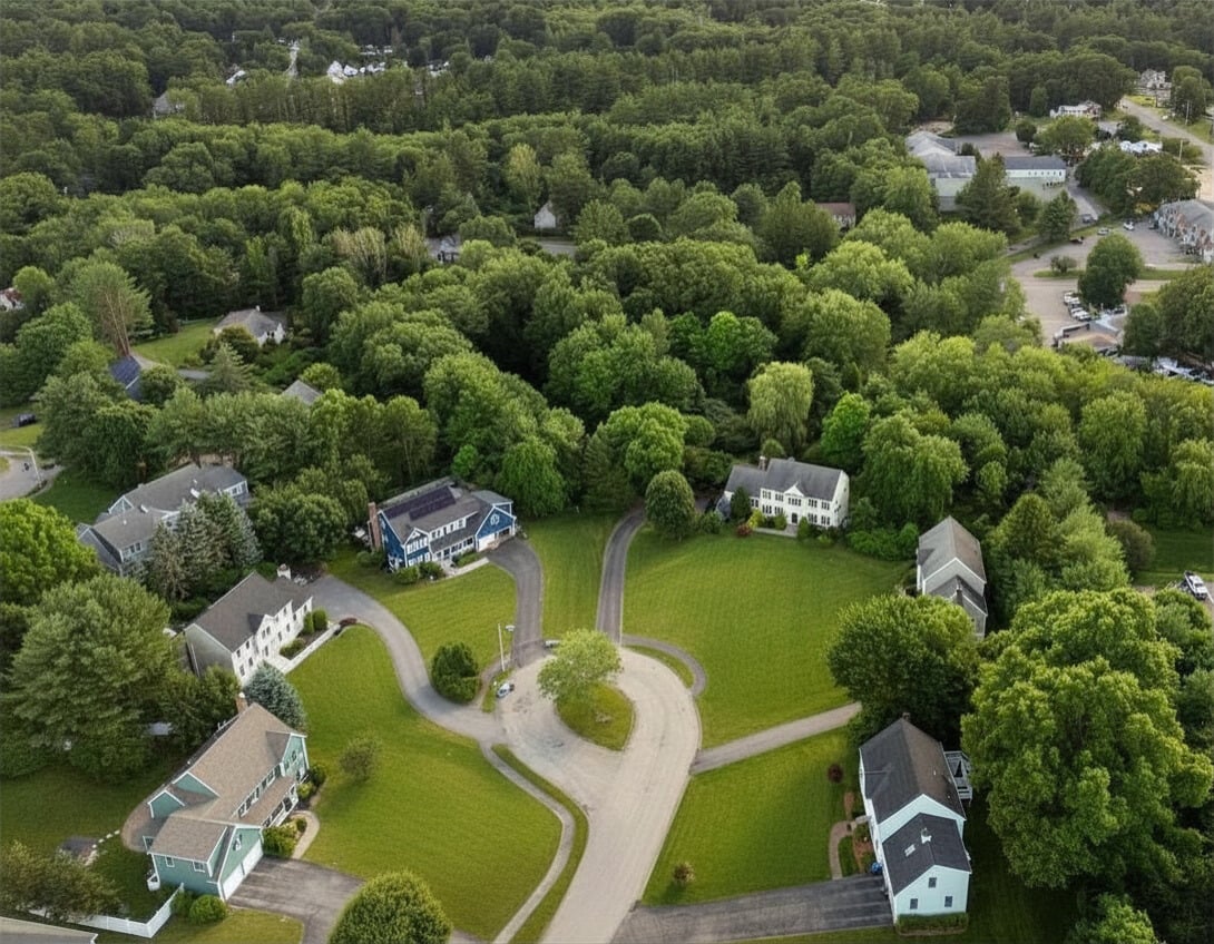   Aerial drone view of a residential neighborhood in Northborough Massachusetts featuring tree-lined streets and homes