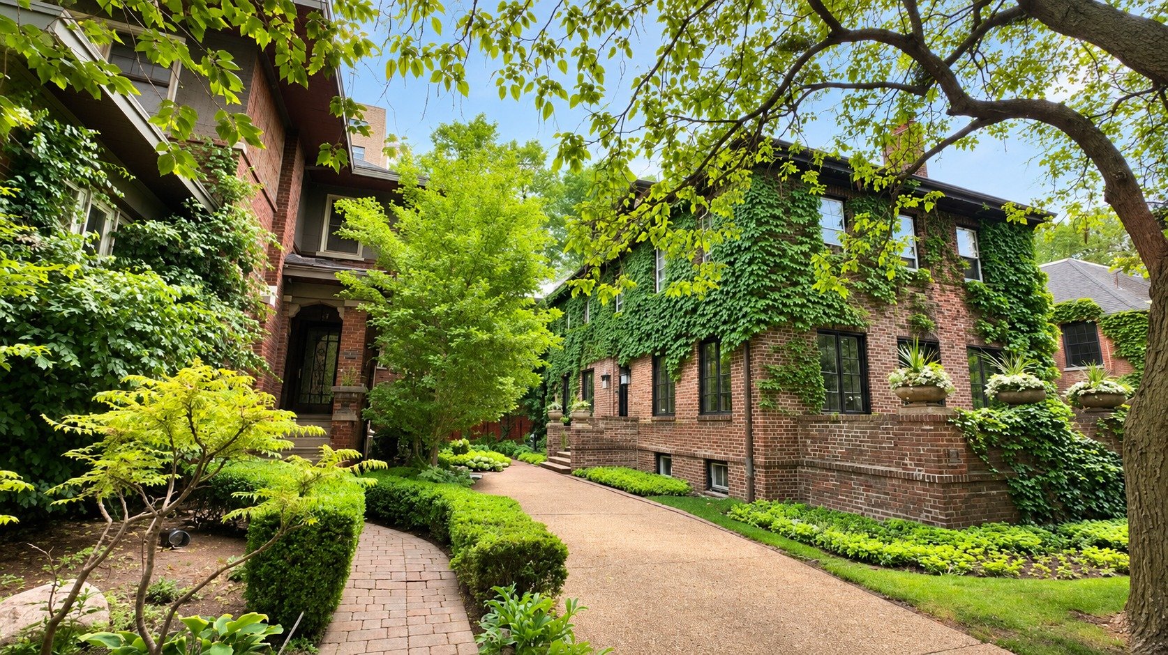 Ivy-covered historic brick homes in Buena Park, Chicago