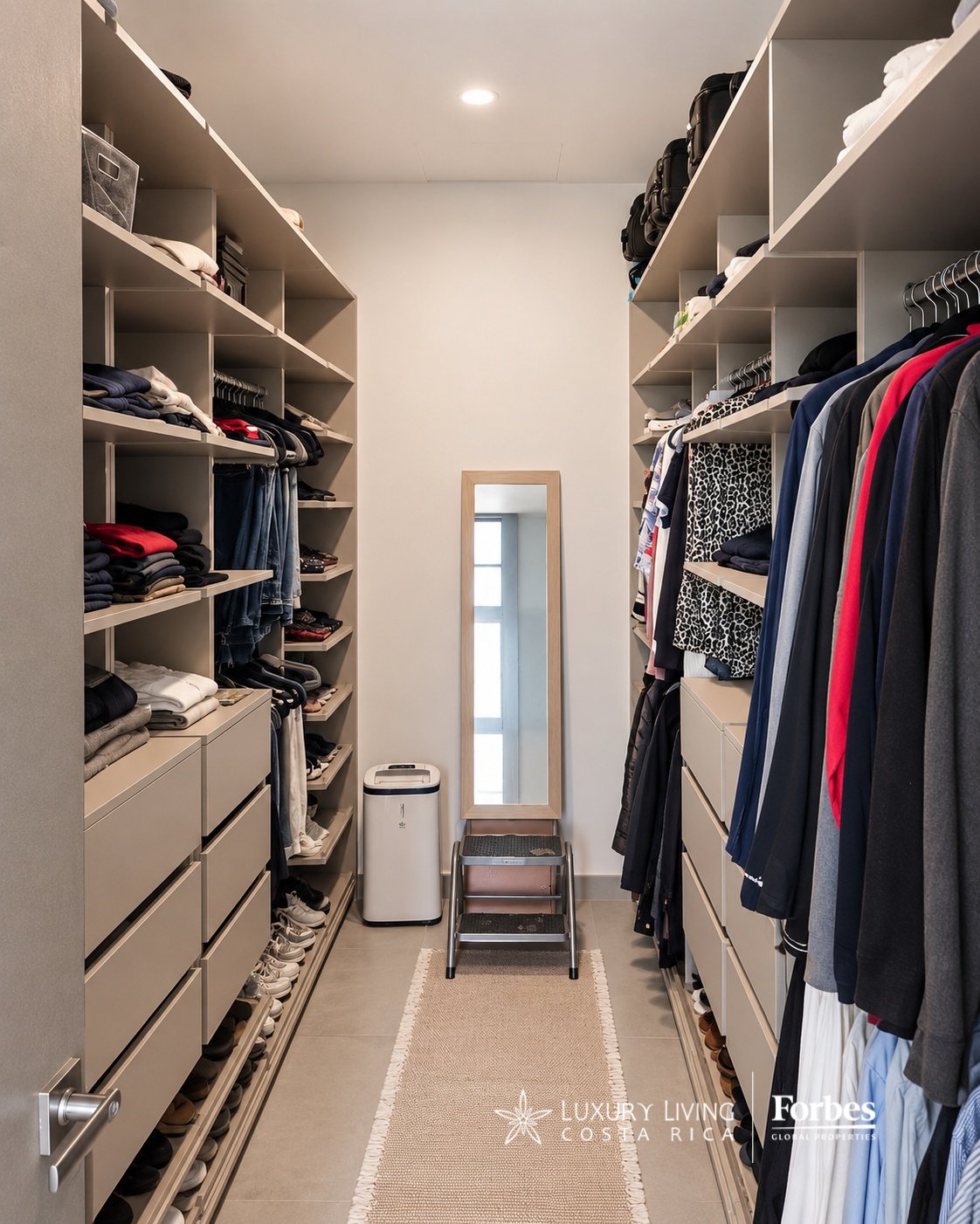 Walk-in closet with built-in storage, hanging clothes, and a full-length mirror.