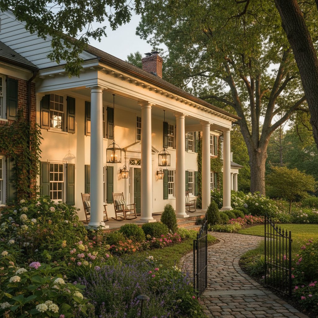 A grand, traditional colonial-style house with a large porch and white columns, surrounded by a lush, manicured garden and a winding cobblestone path, bathed in warm, golden hour sunlight.