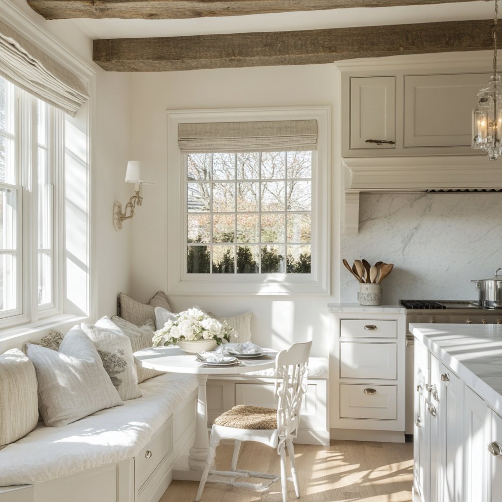 Bright kitchen with a built-in breakfast nook, large windows, and exposed wood ceiling beams.