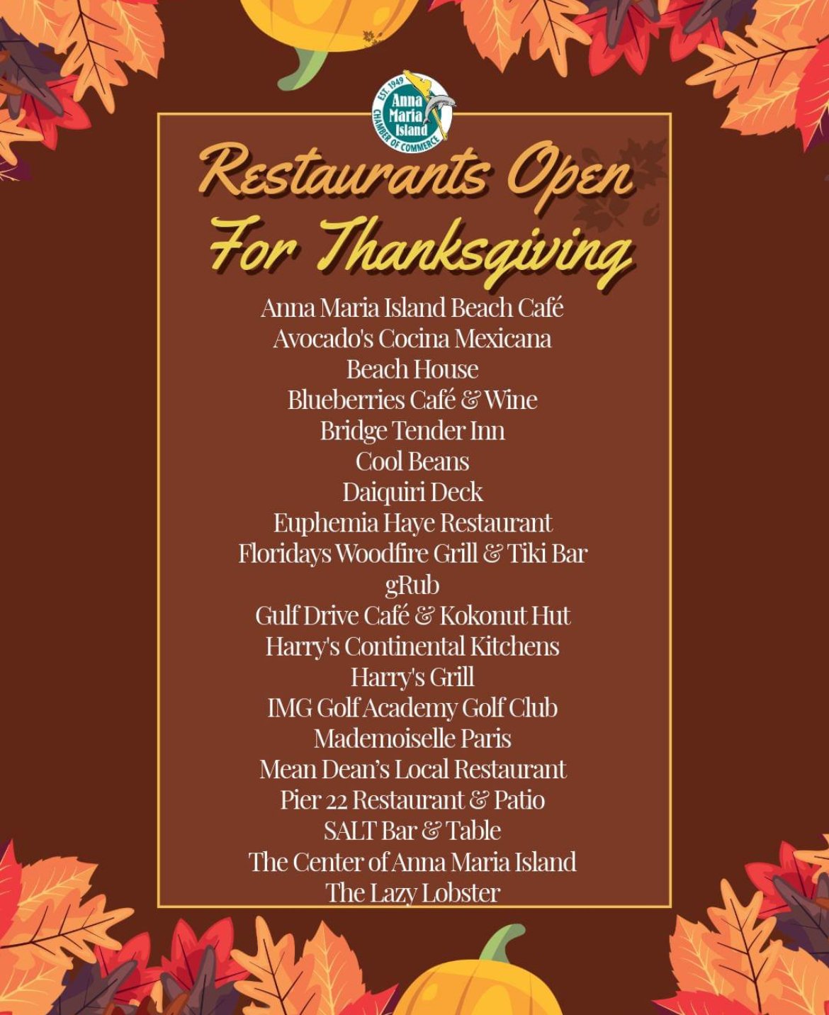 Thanksgiving flyer listing Anna Maria Island restaurants open for the holiday.