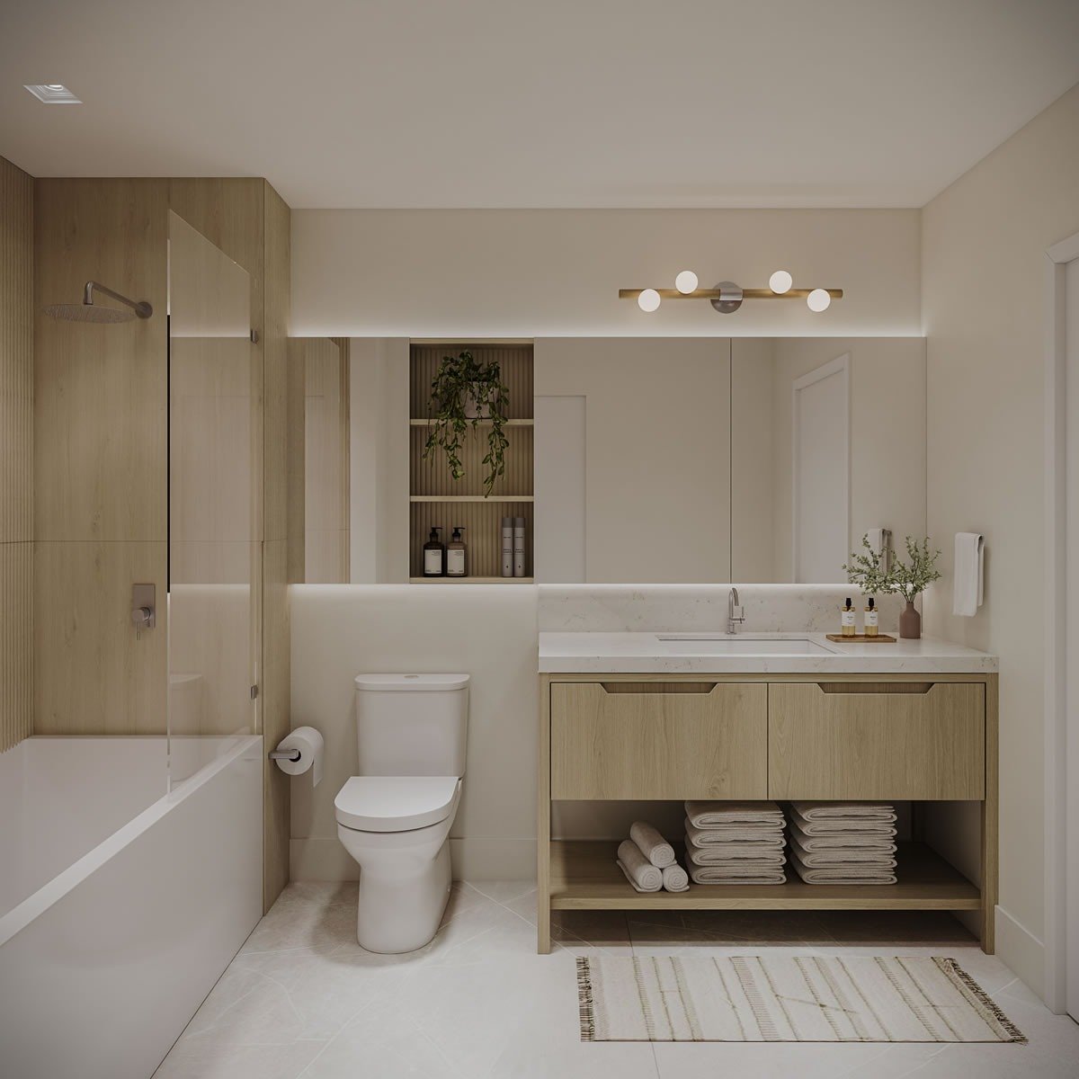 Bathroom with a glass-enclosed tub, pale wood vanity, and open towel shelving.