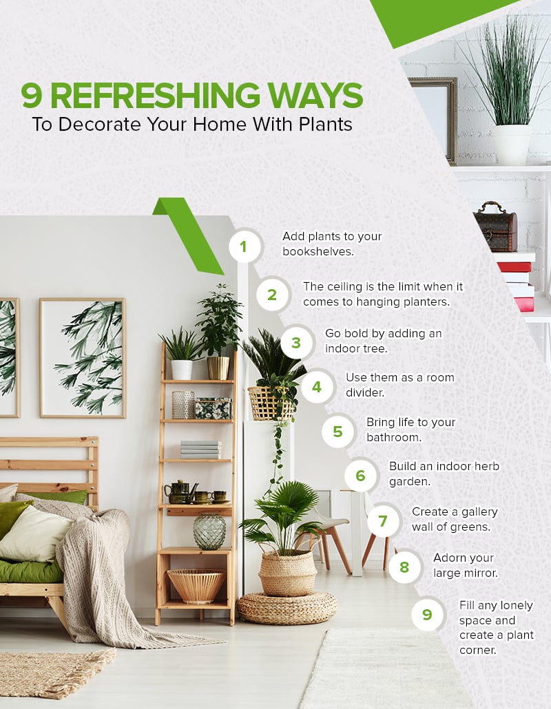 Infographic with nine ideas for decorating a bright bedroom and living space with houseplants.