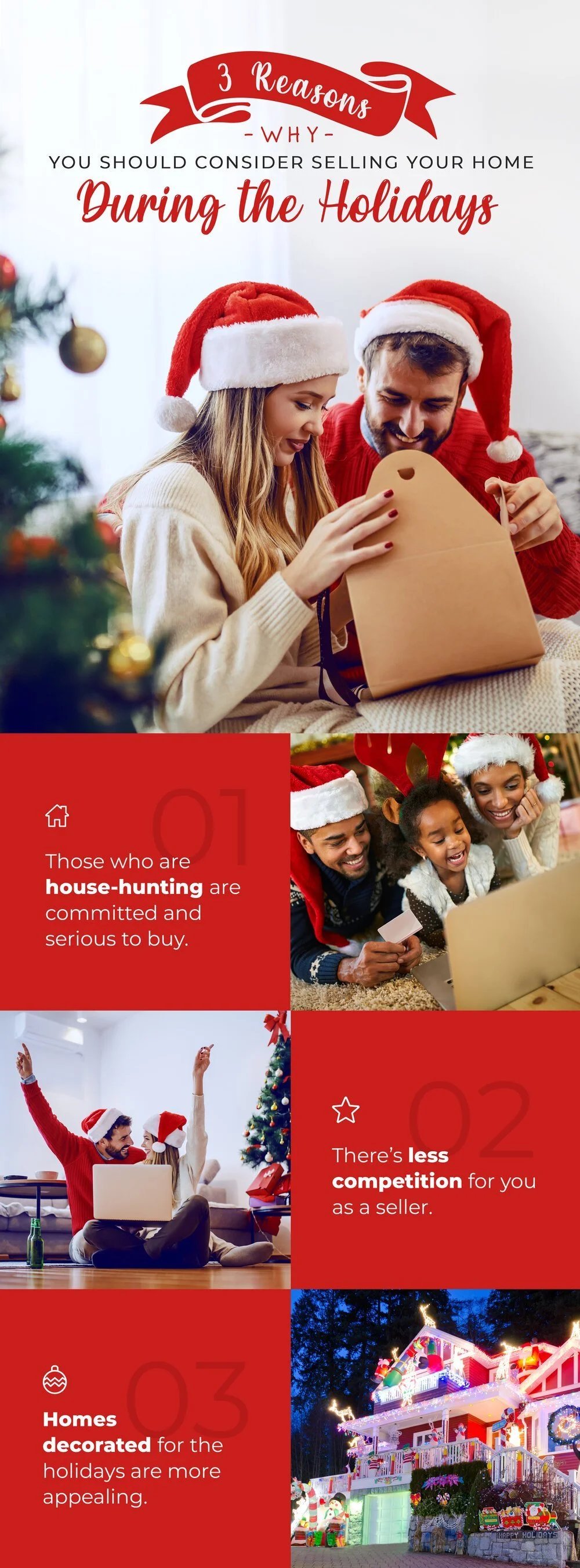 Infographic: three reasons to sell during the holidays—serious buyers, less competition, and appealing holiday decorations.