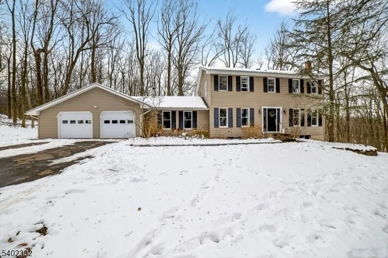 Tan two-story house with an attached two-car garage, surrounded by snow and leafless trees.