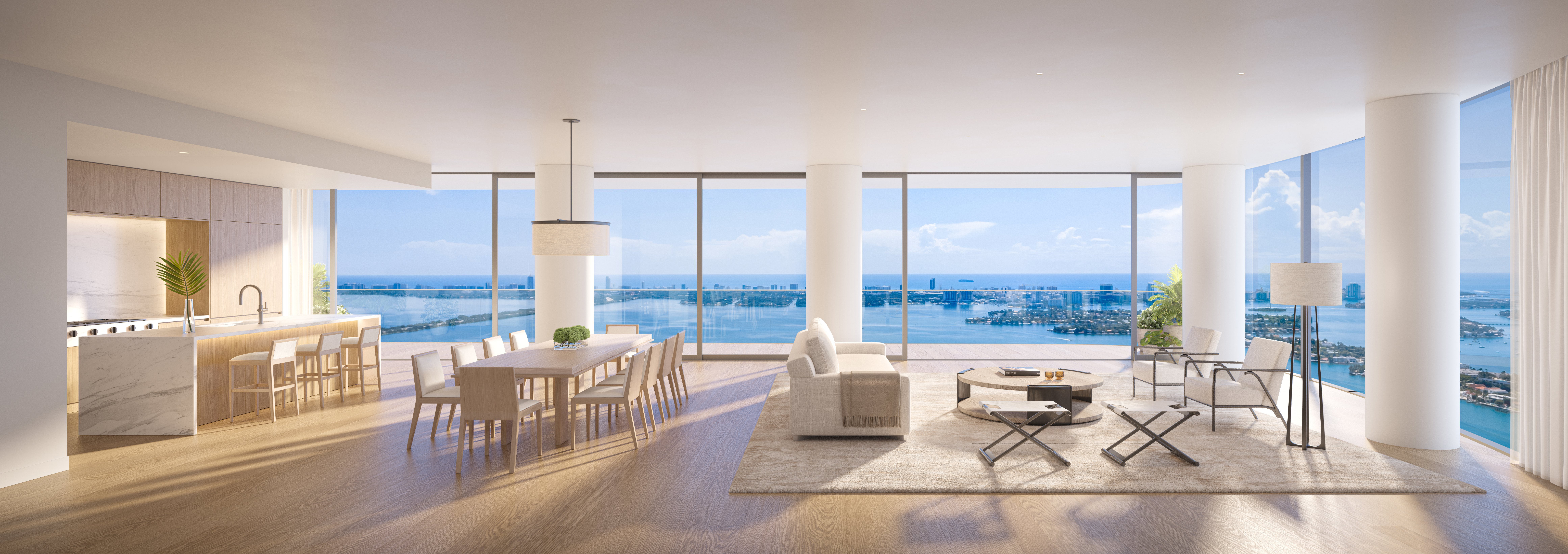 Rendering of a living and dining area at EDITION Residences, Miami Edgewater with floor-to-ceiling windows over Biscayne Bay
