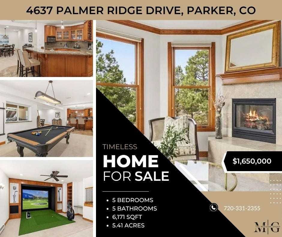Real estate listing for 4637 Palmer Ridge Drive, Parker, CO: collage of interior spaces including a gourmet kitchen, billiards room, golf simulator area, and living room with large windows and fireplace, plus price and property details.