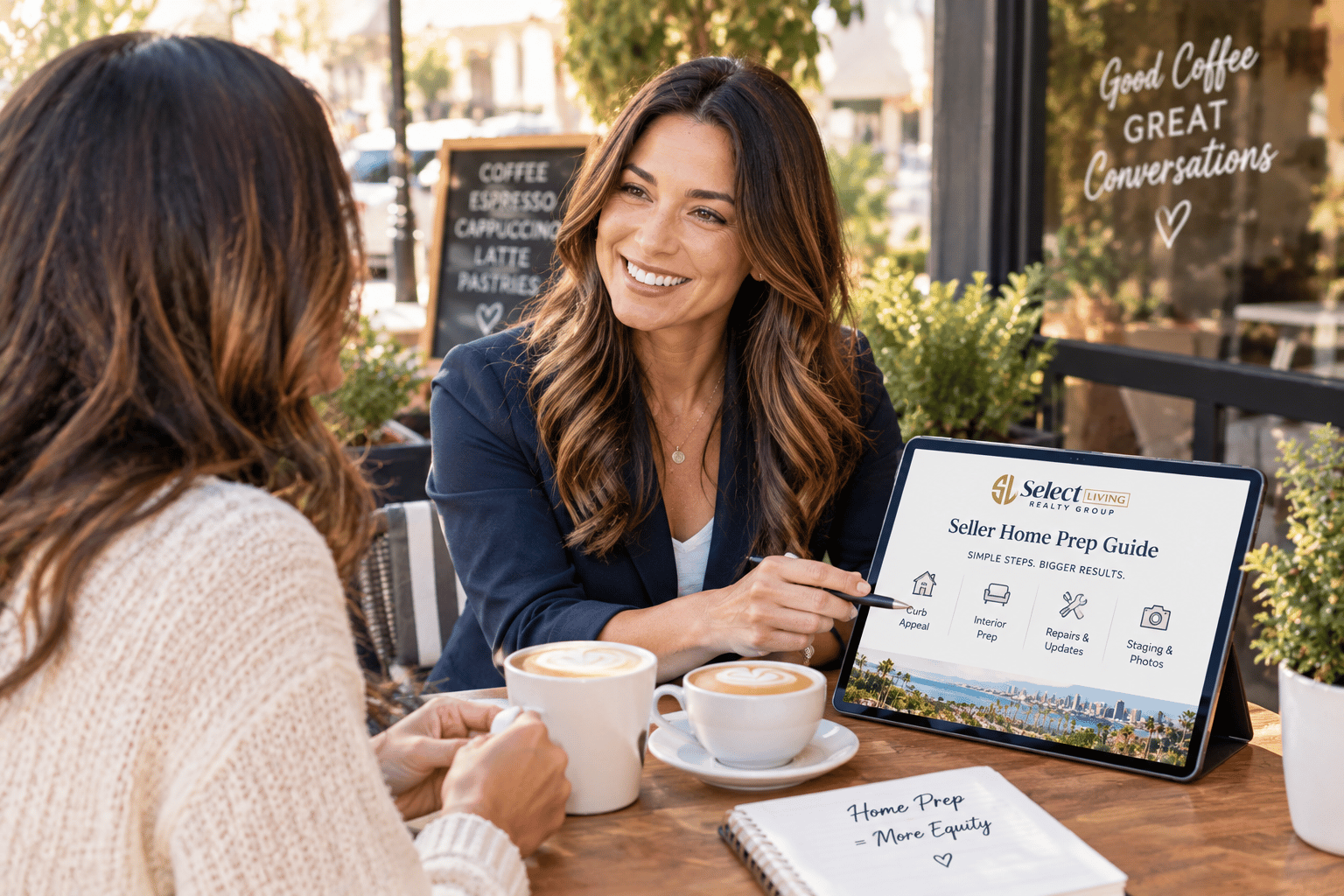 A real estate agent discusses a seller home prep guide with a client over coffee.