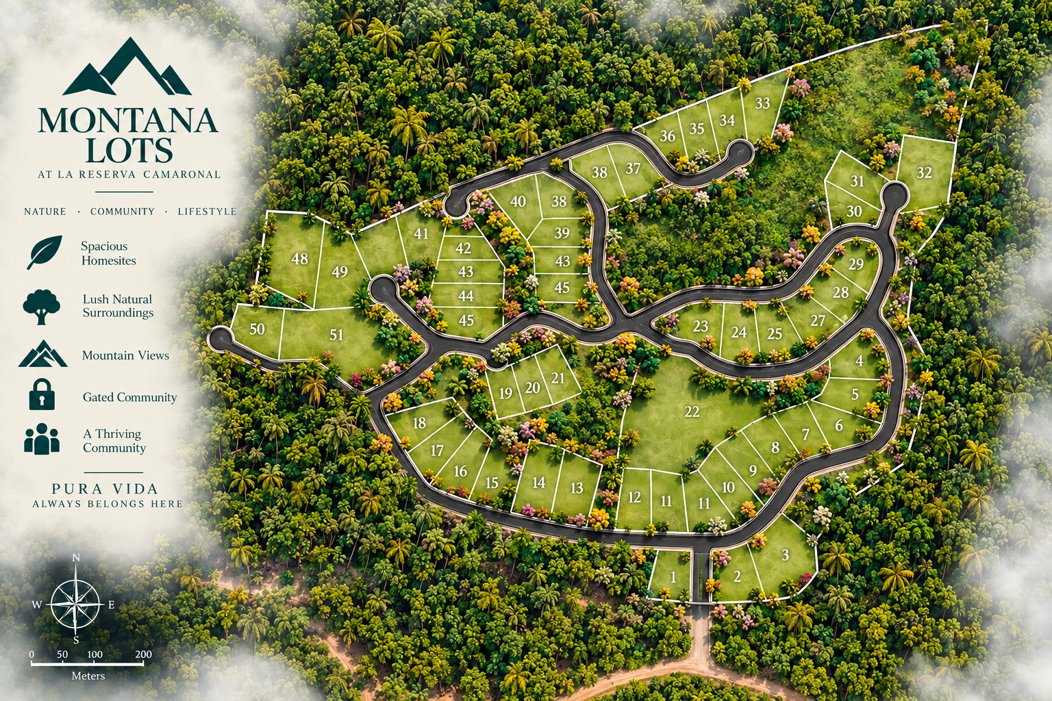 Montana Lots site map showing numbered homesites and roads amid tropical forest, with a compass and scale.
