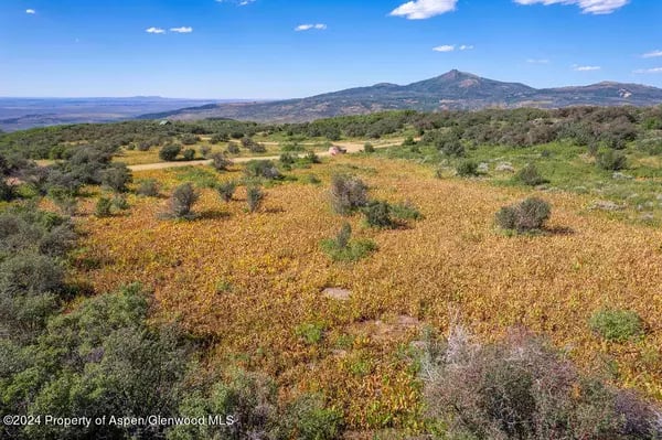 Open scrubland stretches toward a mountain ridge beneath a blue sky.