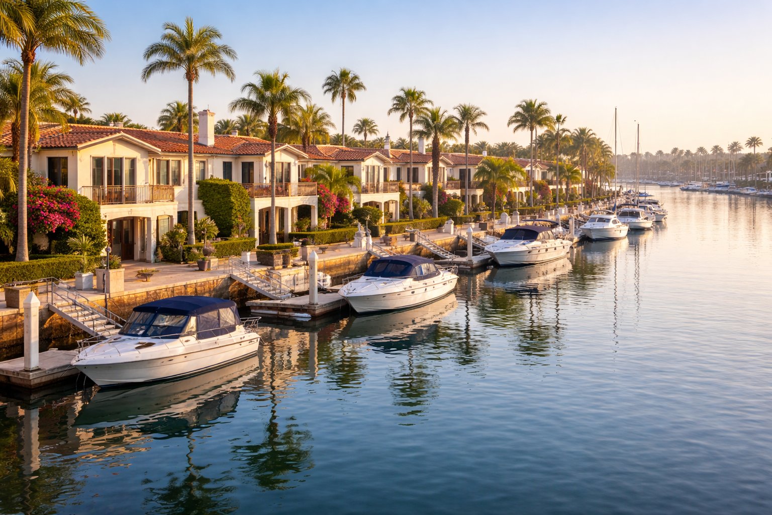 Mediterranean-style waterfront homes with private boat docks on Lido Isle, Newport Beach