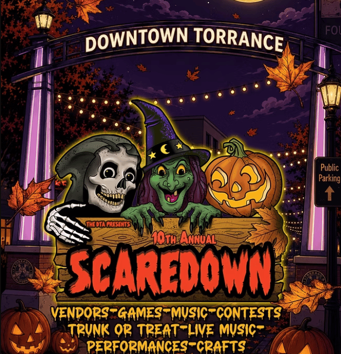 Scaredown Halloween event flyer for Downtown Torrance, featuring a skeleton, witch, and jack-o’-lantern.