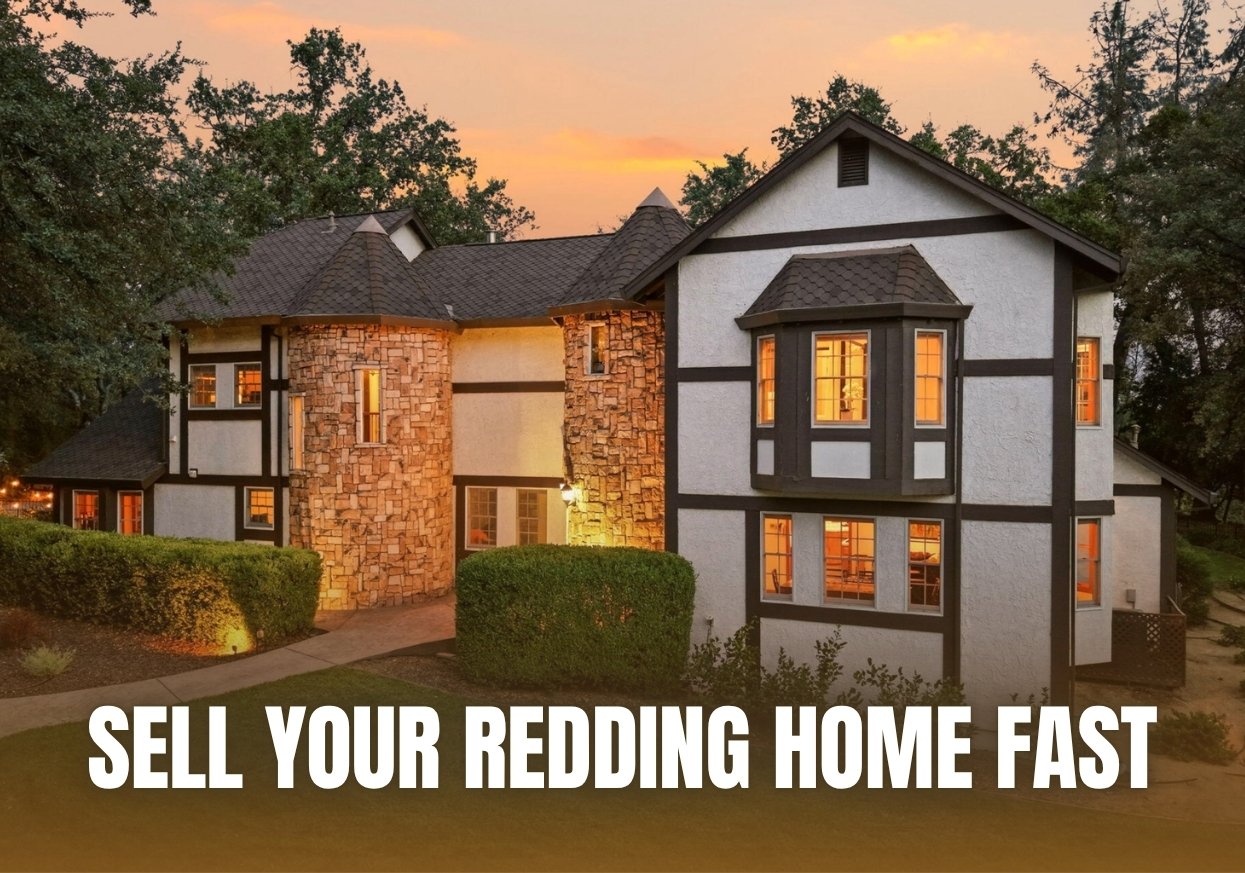 Promotional tile with a two-story home at dusk and the text “Sell Your Redding Home Fast.”