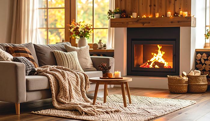 Cozy living room with a stone fireplace, warm lighting and layered textures for fall home inspiration