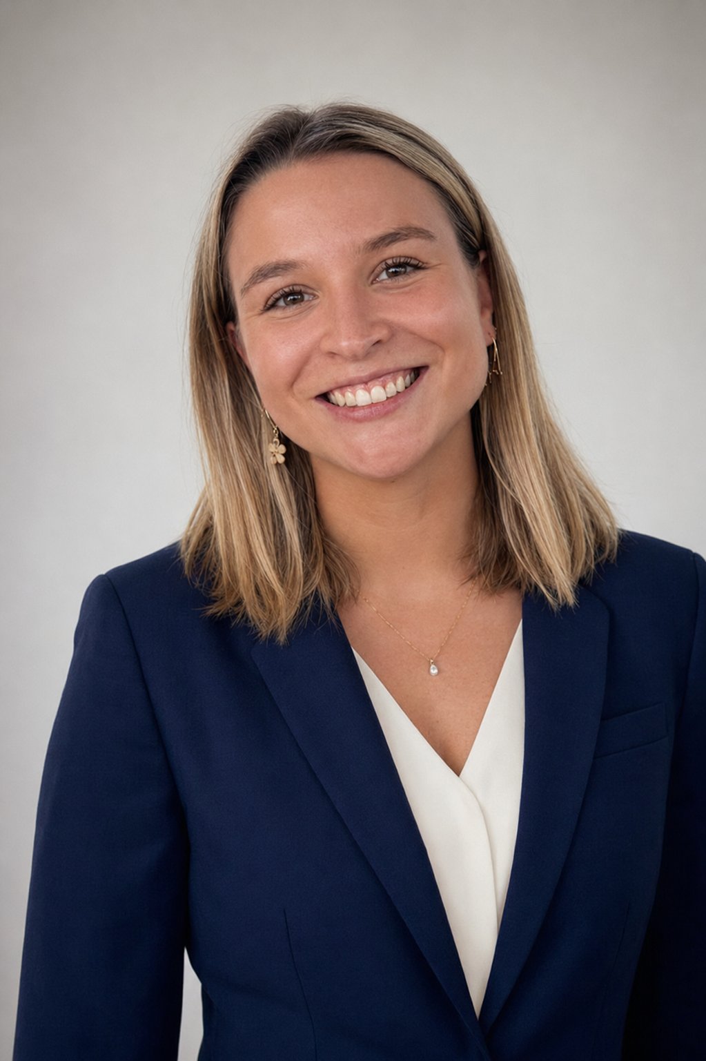 Caroline Newcomb smiling in a navy blazer and white blouse.