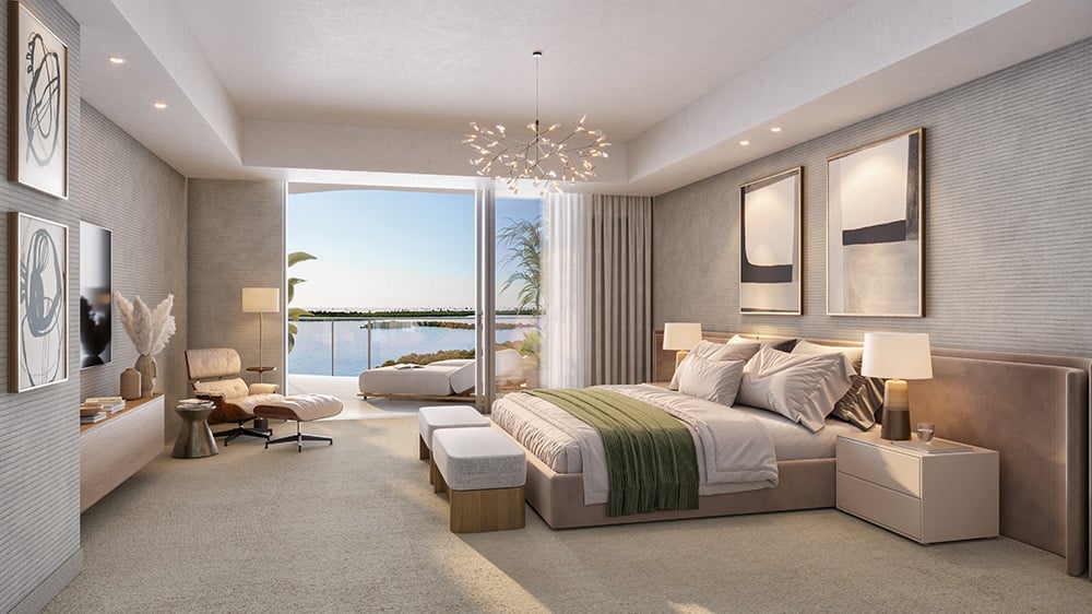 Rendering of a master bedroom with water views at The Ritz-Carlton Residences, Estero Bay