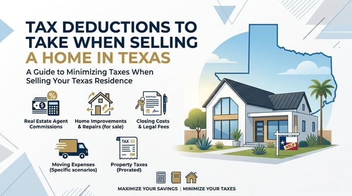 Infographic: "Tax Deductions to Take When Selling a Home in Texas" — icons for commissions, improvements, closing costs, moving expenses, property taxes.