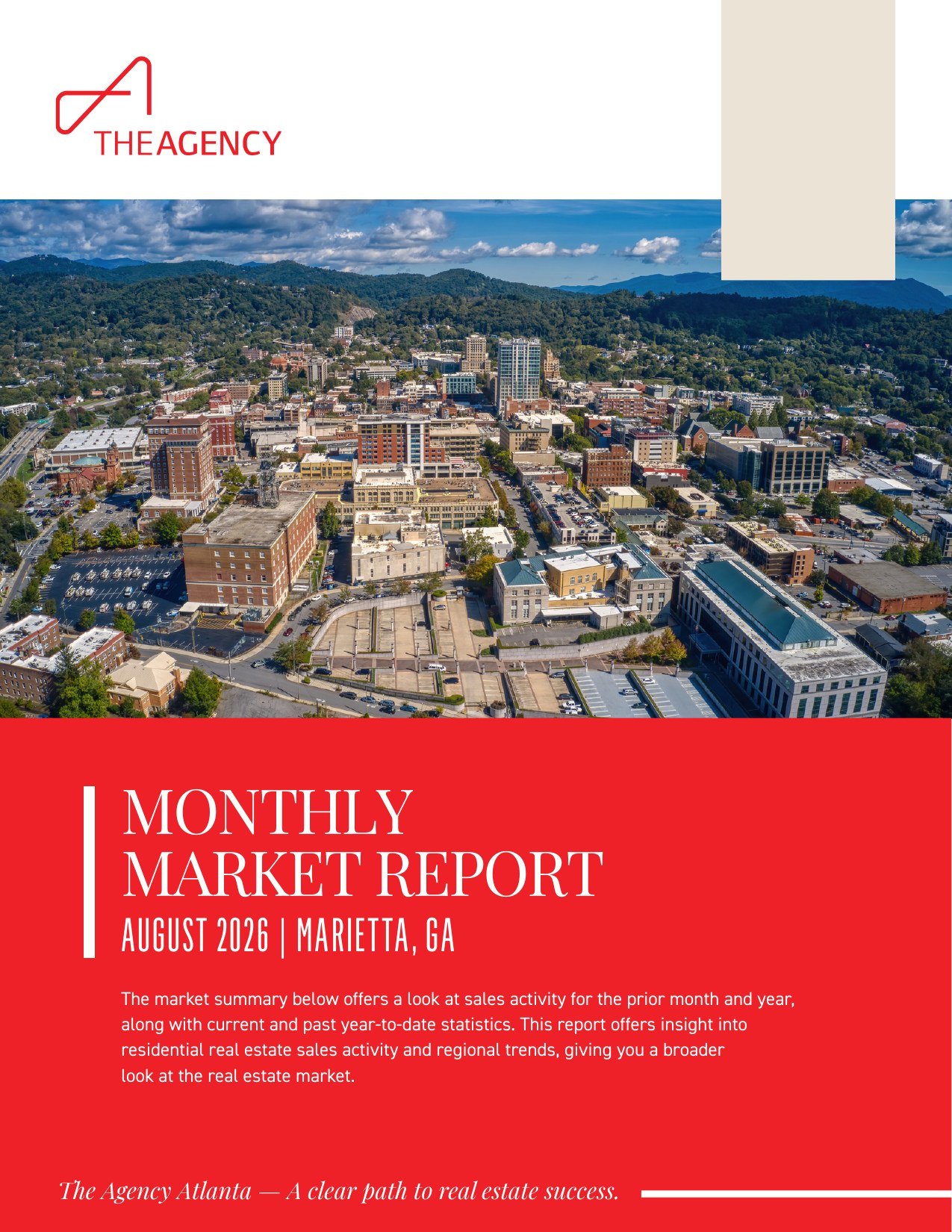Monthly Market Report August 2026 cover for the Marietta real estate market with an aerial city view and mountains