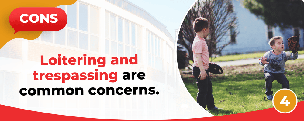 Cons slide: loitering and trespassing are common concerns; two children play baseball outdoors.