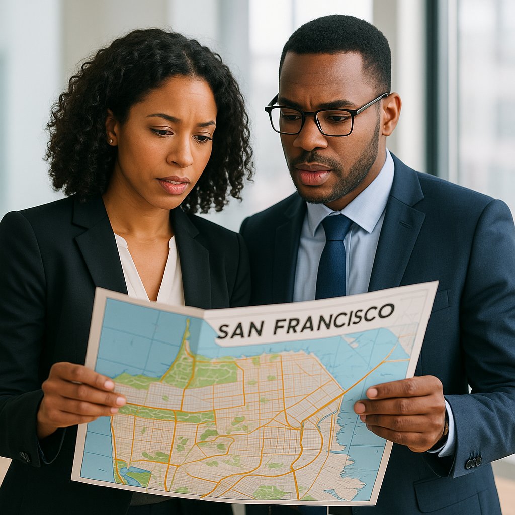 A professional couple looking at a San Francisco map, planning their move