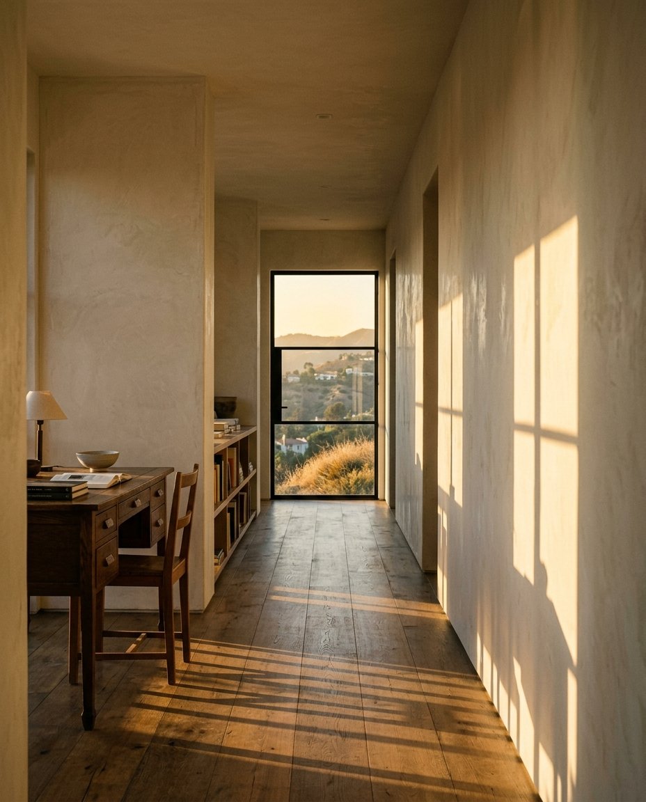 Golden hour light in a modern Nichols Canyon home hallway overlooking the Hollywood Hills, Los Angeles