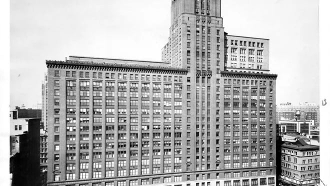 J.L. Hudson department store building in Detroit, with its central tower rising above the surrounding downtown blocks.