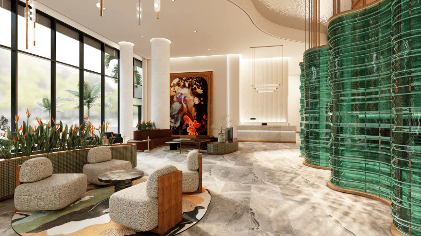 Neo Edgewater lobby with sculptural green glass columns, lounge seating, and floor-to-ceiling windows