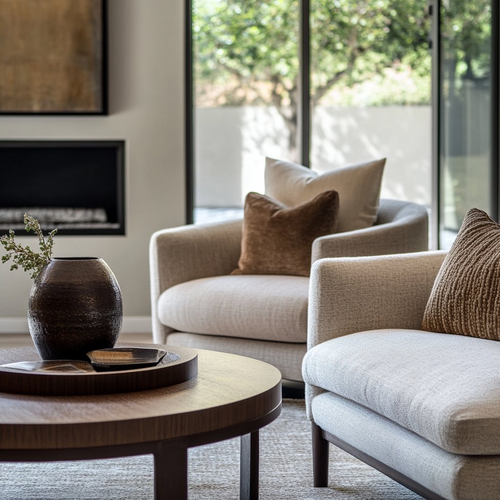 Staged living room with round wooden coffee tables, a dark fireplace, and large windows.