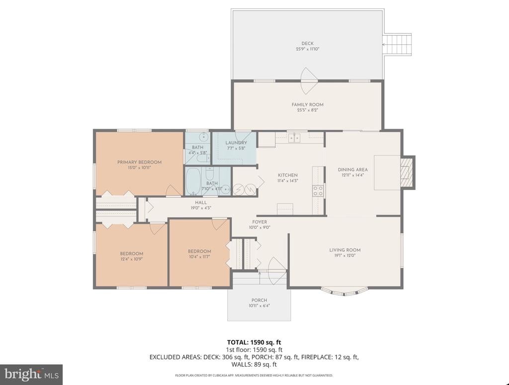 Floor plan showing three bedrooms, two bathrooms, living and family rooms, and a deck; 1,590 square feet total.
