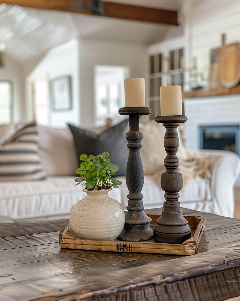 Staged living room with a rustic coffee table, candleholders, neutral seating, and a fireplace.