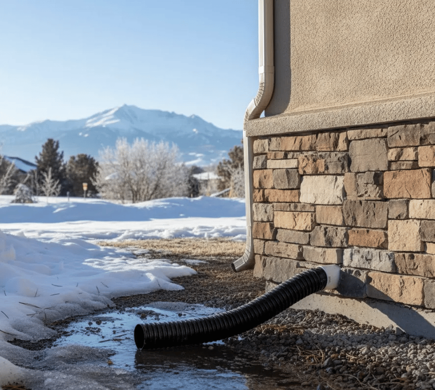 House foundation with a black drain extension beside melting snow and a puddle, with mountains in the distance.