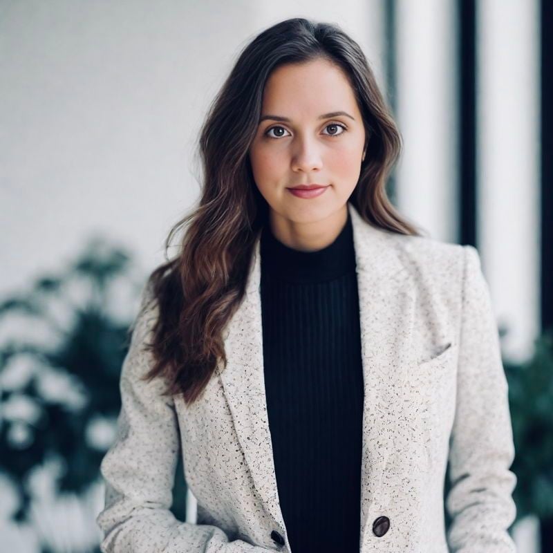 Beatriz Melo wearing a light textured blazer over a black top.
