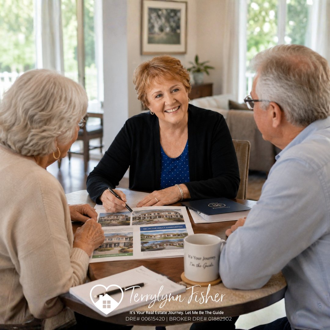 Real estate agent discusses property brochures with an older couple at a table.