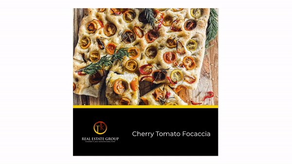 Animated preview of focaccia bread topped with roasted cherry tomatoes, herbs, and olive oil – part of an easy fall bread recipe storybook.