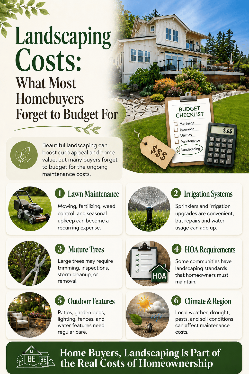 Infographic outlining six landscaping costs home buyers should budget for.