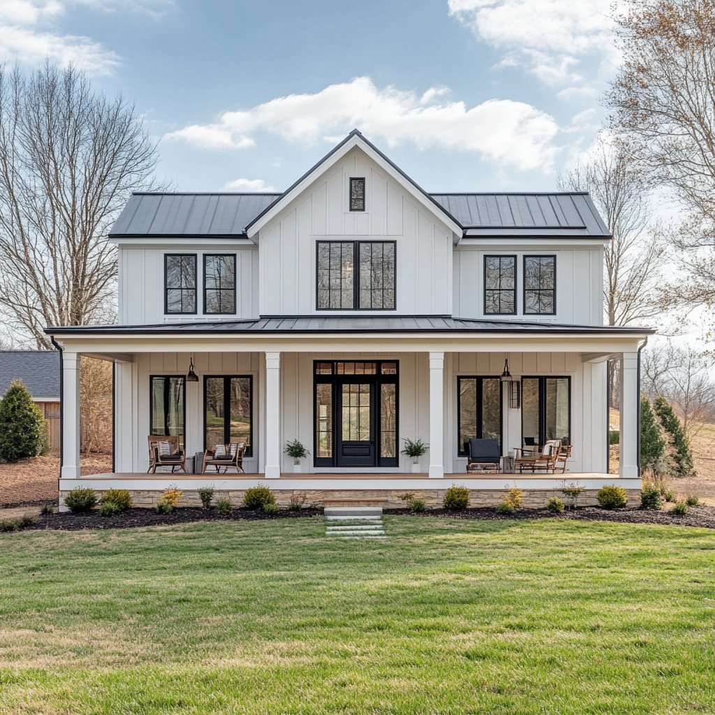 White two-story farmhouse with a broad furnished porch, black-framed windows, and dark metal roof.