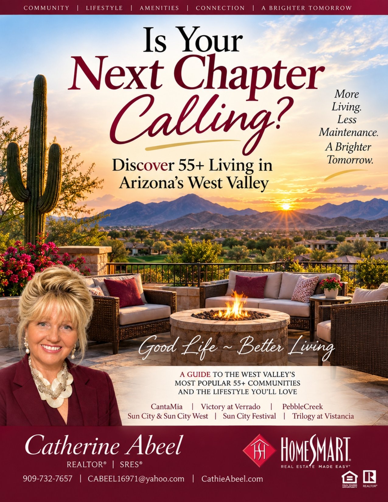 Catherine Abeel’s guide to West Valley 55+ communities, promoting relaxed outdoor living at sunset.