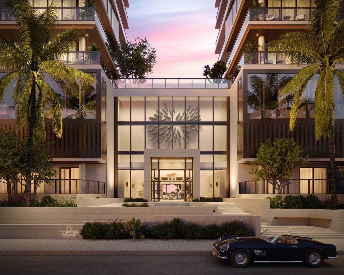The Ritz-Carlton Residences Fort Lauderdale Beach landscaped building arrival rendering.