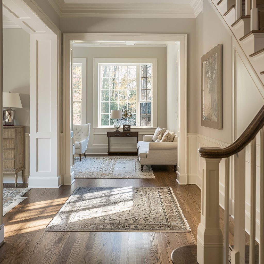 Entry hall with a patterned rug and staircase opening onto a bright sitting room with a large window.