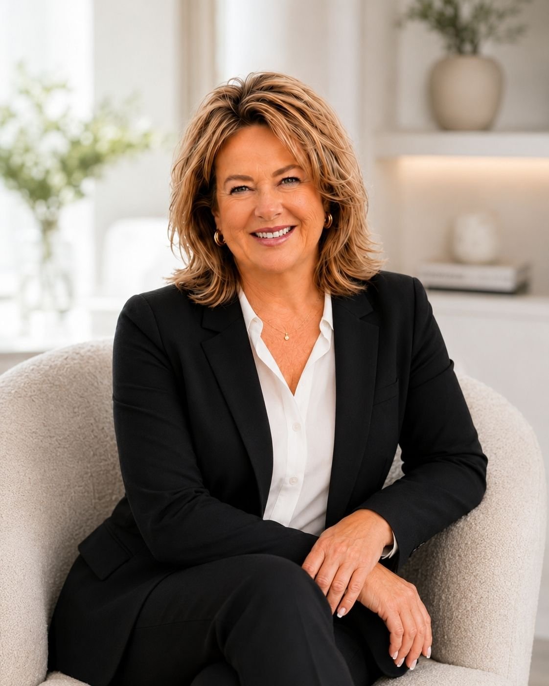 Jimi Faria seated in a cream armchair, wearing a black suit and white blouse.