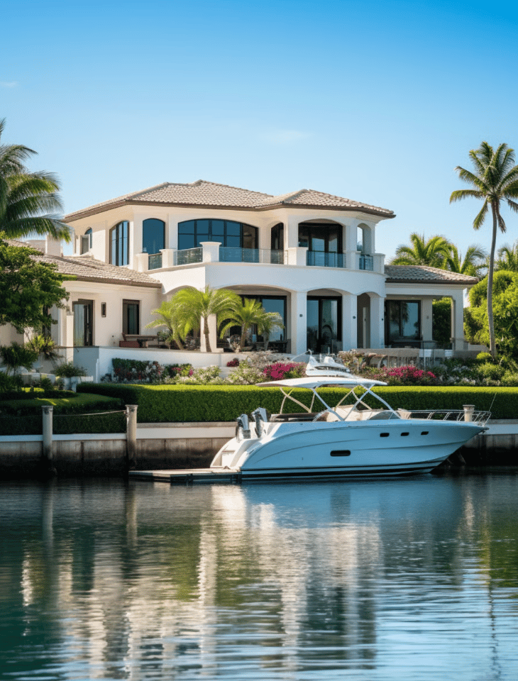 Two-story waterfront home with balconies and tropical landscaping behind a motorboat on the canal.
